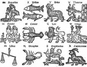 Zodiako simboliai. XVI a. medžio raižinys