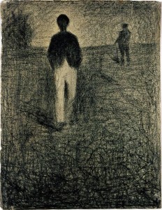  Georges Seurat. Du žmonės, vaikščiojantys lauke. 1882–1884