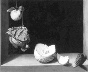 Juan Sánchez Cotán. Svarainis, kopūstas, melionas ir agurkas. 1602