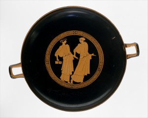 Kilikas 460-450 pr. Kr. Mergina kairėje neša vaško lentėles ir stylus, jos abi galbūt eina į rašto pamokas. Iš: www.metmuseum.org