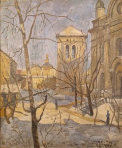 Georges Matoré. Vilniaus Švč. Trejybės graikų apeigų katalikų bažnyčia žiemos metu. Vilnius, 1940. Paveikslas kabo Vinco Mykolaičio-Putino memorialiniame bute-muziejuje (Profesorių namas, Tauro g. 10, Vilnius)